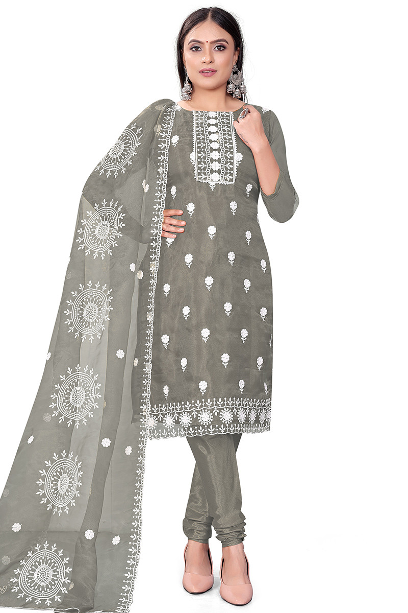 Grey Organza Embroidered Churidar Suit