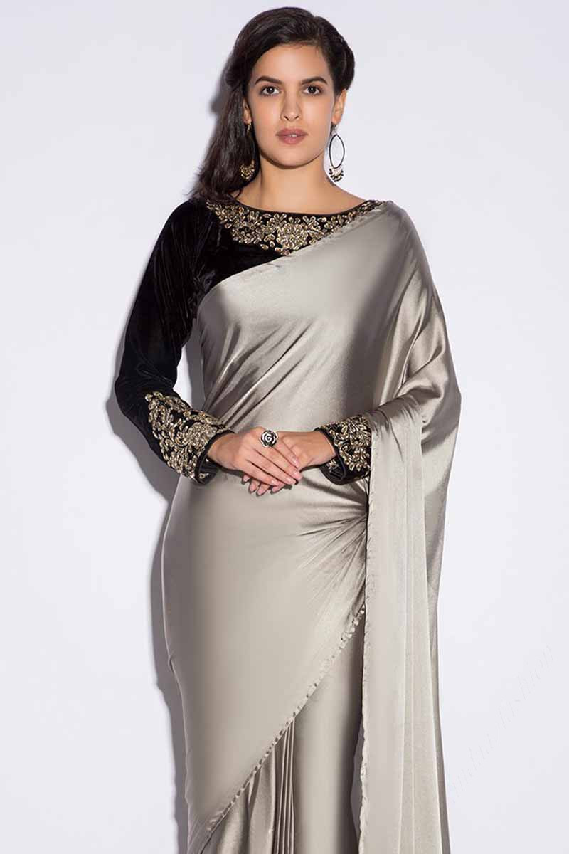 Magnificient Silver Tabby Silk Saree with Black Blouse
