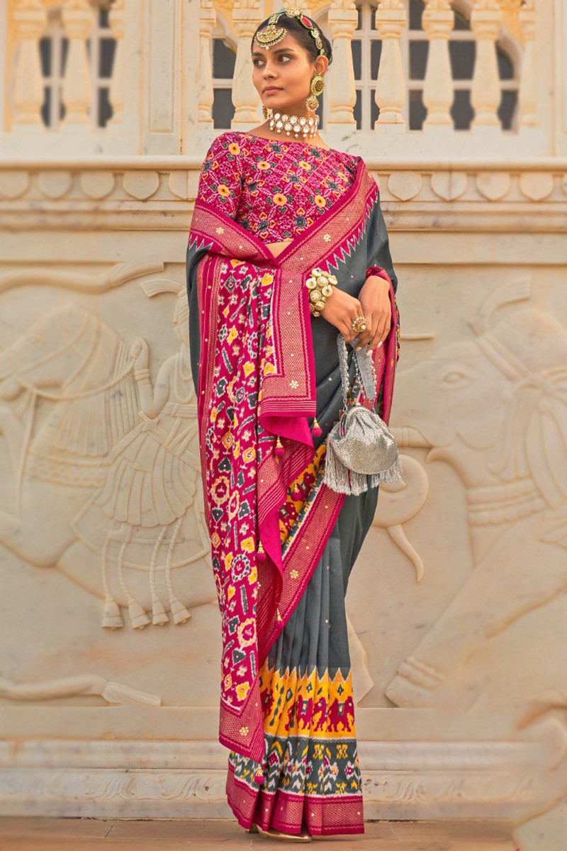 Cloud Grey & Pink Banarasi Silk Saree