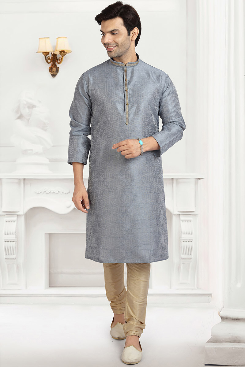 Online Fashion Shopping Men s Kurta Pajama in Grey Woven Printed Fabric MKPA0201