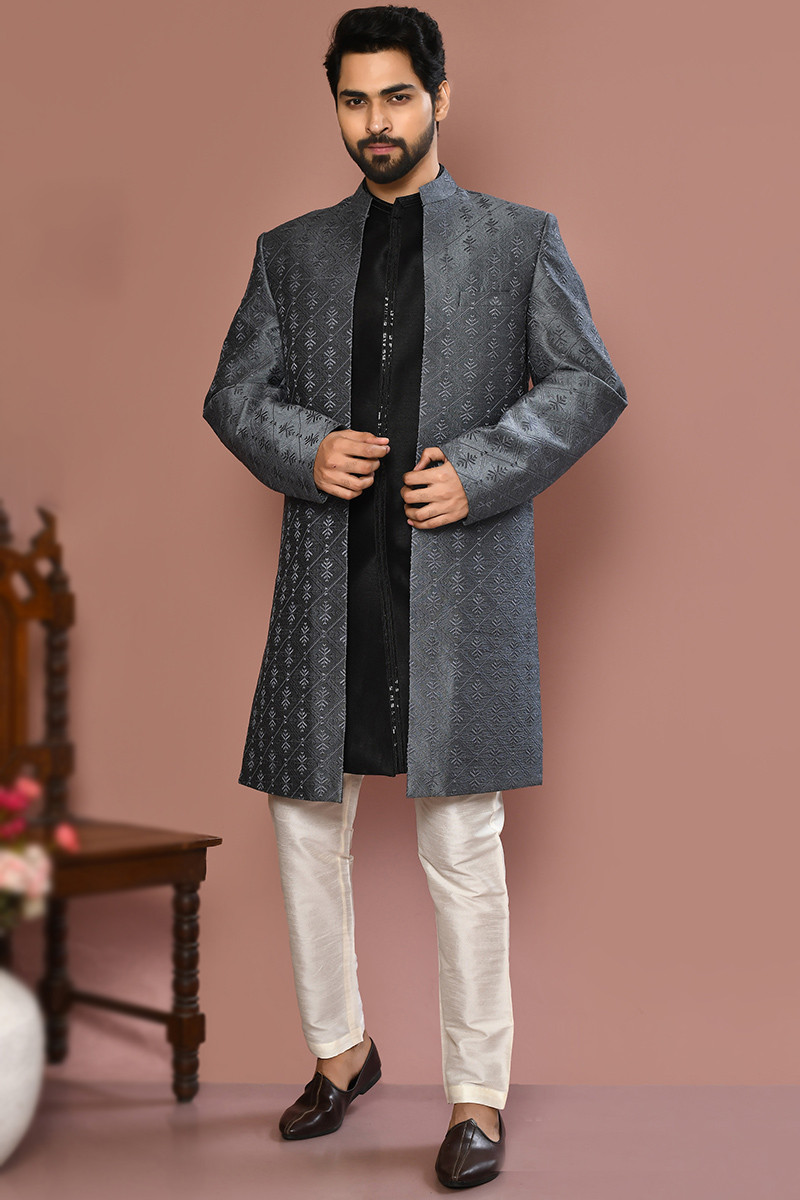 Grey Silk Woven Zari Jacket Style Men Sherwani