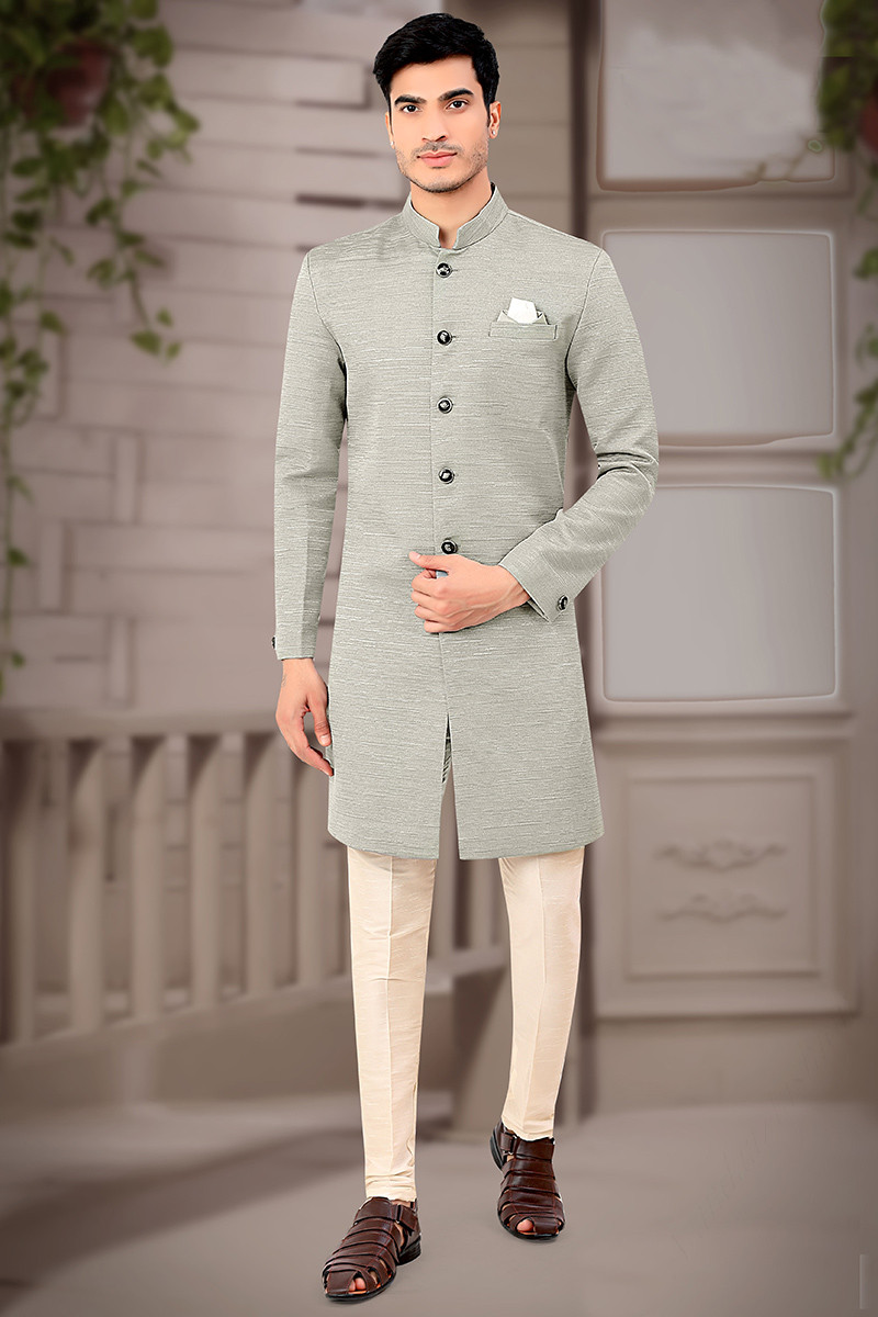 Grey Terry Rayon Woven Men Sherwani