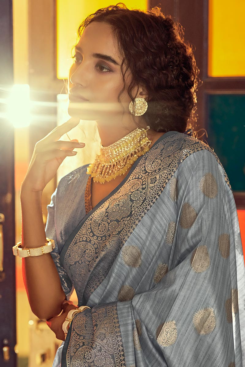 Grey Traditional Tussar Silk Saree for Party