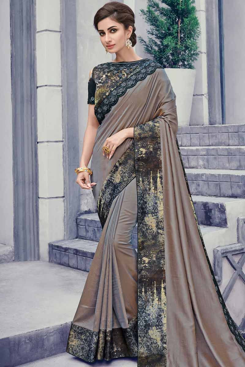 Grey embroidered net saree with blouse - Lilots - 3983339