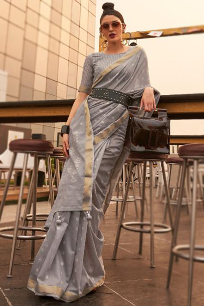 Grey Woven Zari Silk Saree
