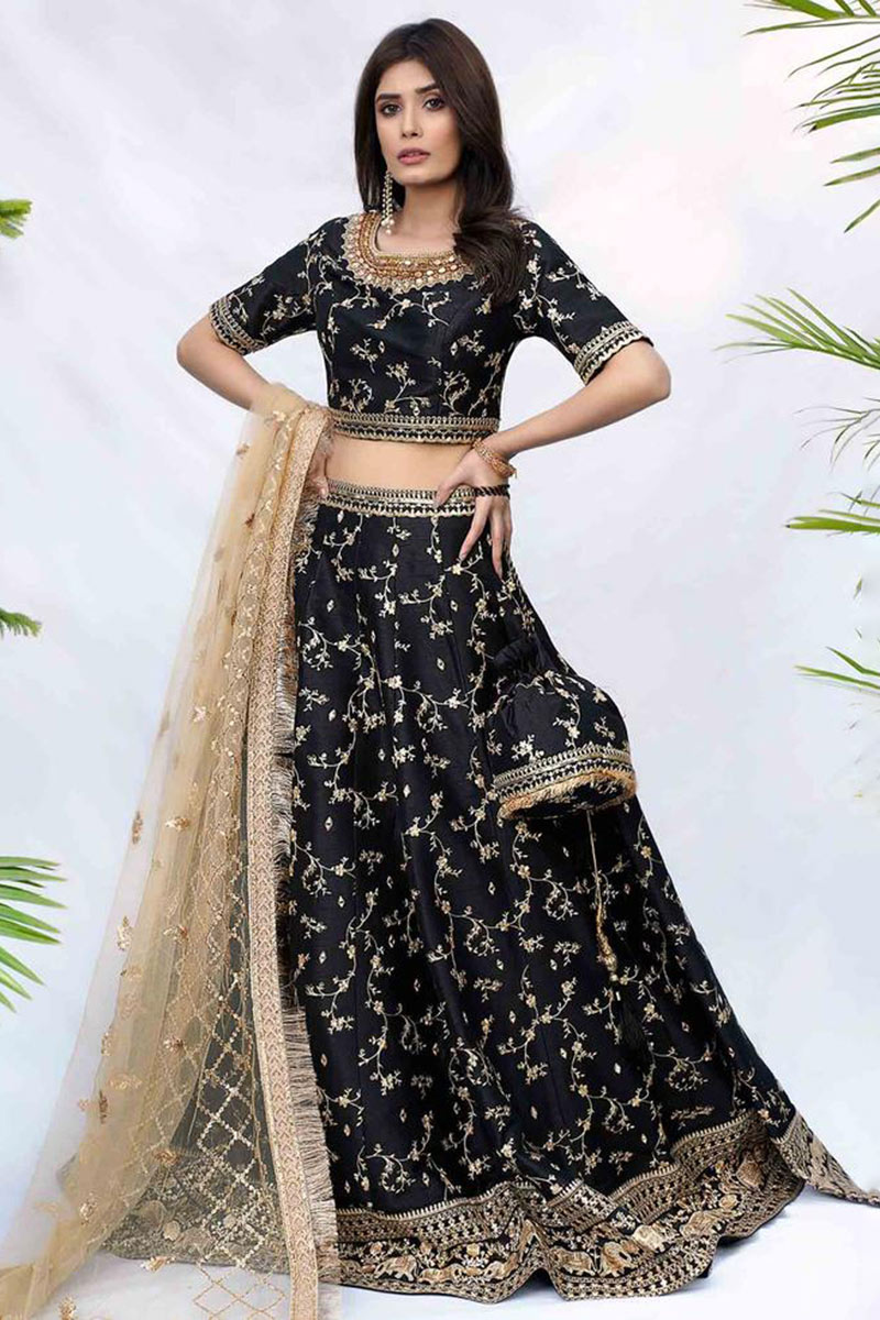 Hand Work Embroidered Black Lehenga