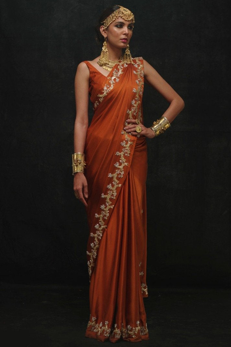 Hand Work Embroidered Silk Rust Orange Saree