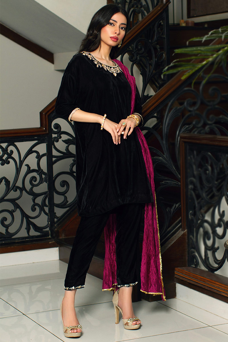 Pant Suits : Black velvet party wear pant salwar suit