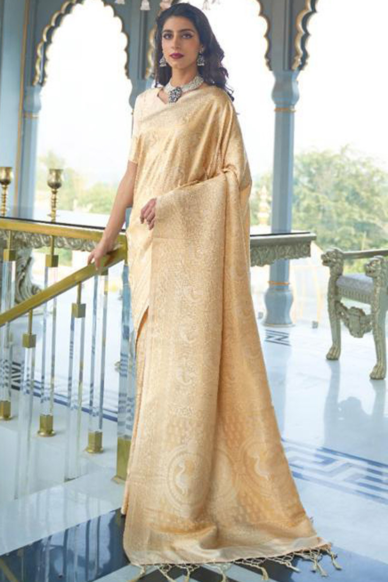 Cream Color Silk Jacquard Traditional Party Wear Designer Saree Blouse  -2678141153