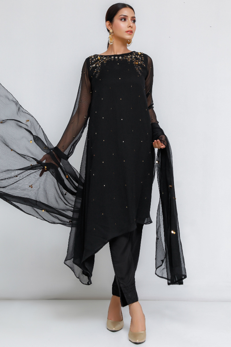 Handwork Embroidered Georgette Black Trouser Suit