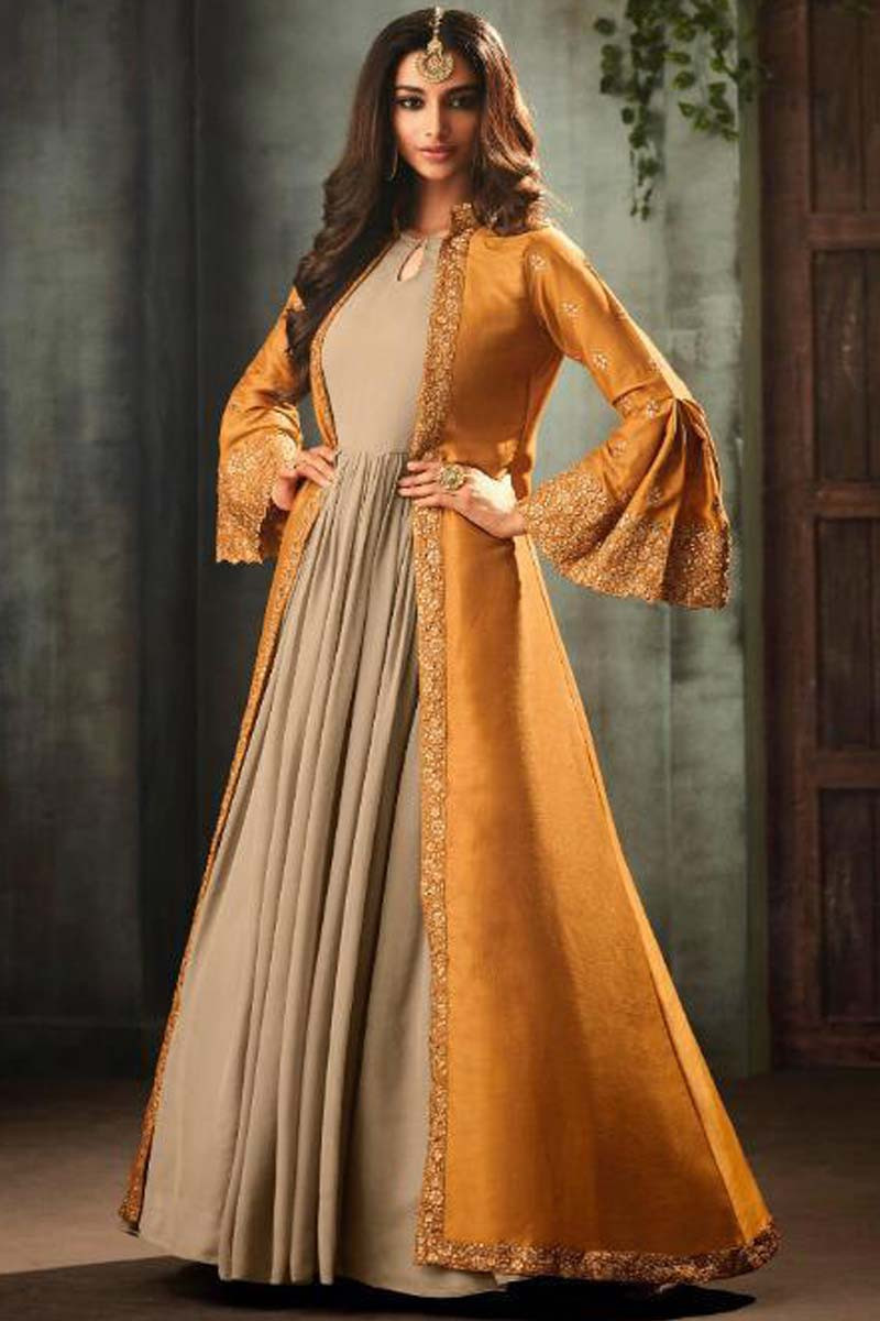Hazelwood Beige Silk Gown With Turmeric Yellow Jacket