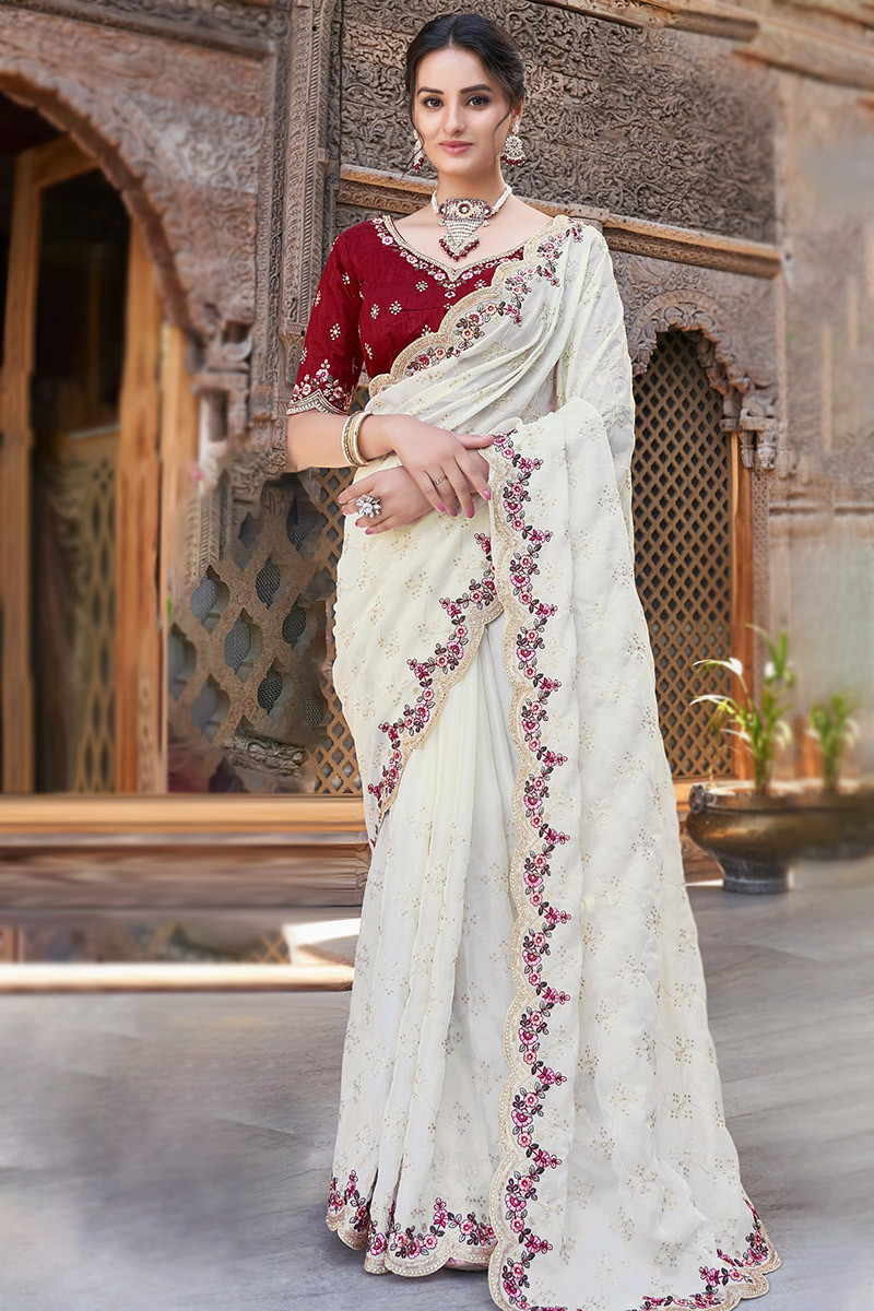 Buy Hand Embroidered Stone Work White Color Georgette Saree Party Wear  Online at Best Price | Cbazaar