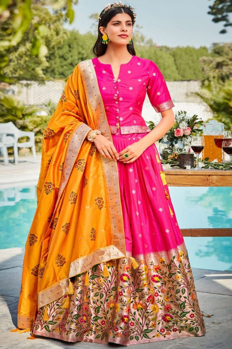 Buy HALFSAREE STUDIO Women Yellow Embellished Banarasi Silk Semi-Stitched  Lehenga with Unstitched Blouse and Dupatta Online at Best Prices in India -  JioMart.