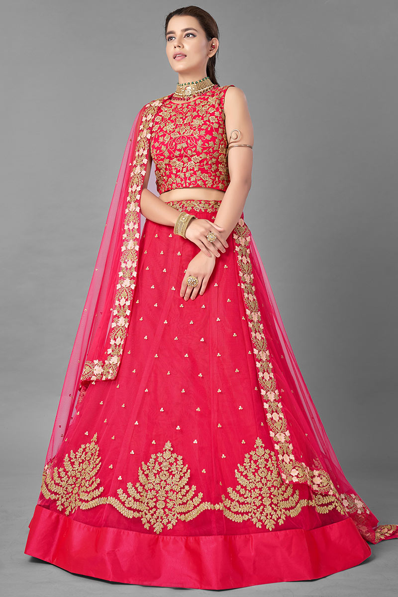 Coral Red Net Embroidered Lehenga