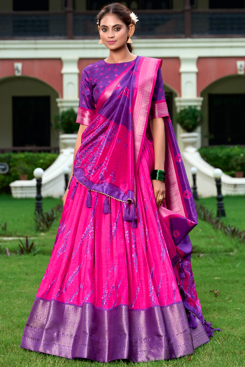 Hot Pink Silk Blend Lehenga With Printed Work For Diwali
