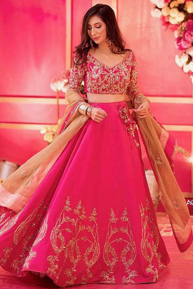 hot pink silk embroidered wedding lehenga llcv09989 1