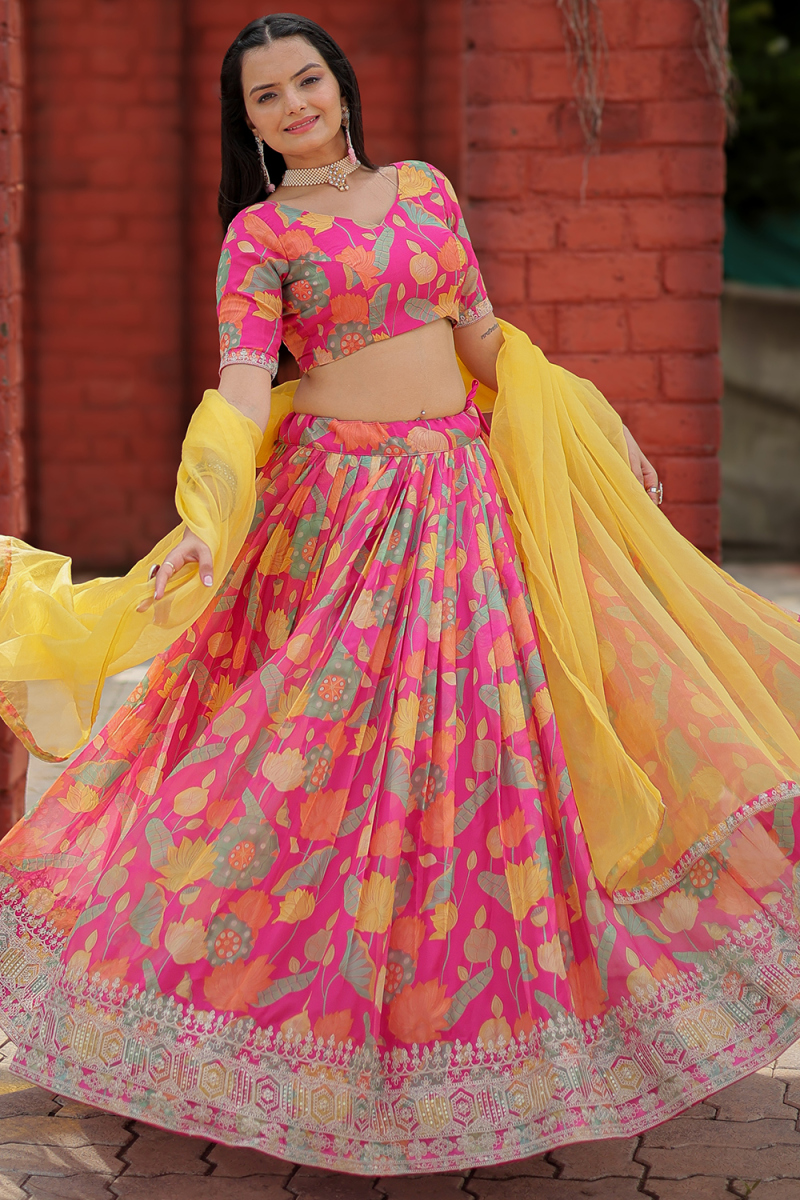 Hot Pink Viscose Printed Flared Style Lehenga 