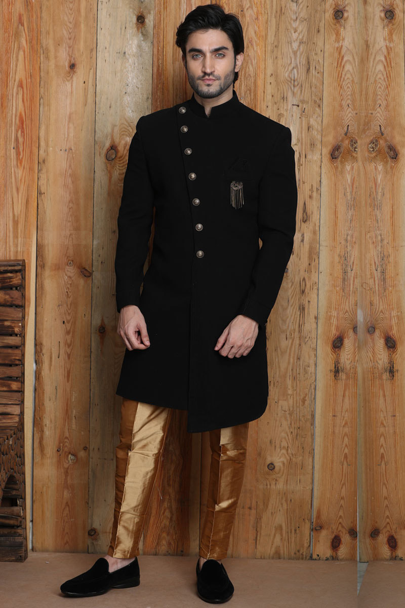 Wedding Wear Black Color Engrossing Indo Western For Men In Jacquard Fabric