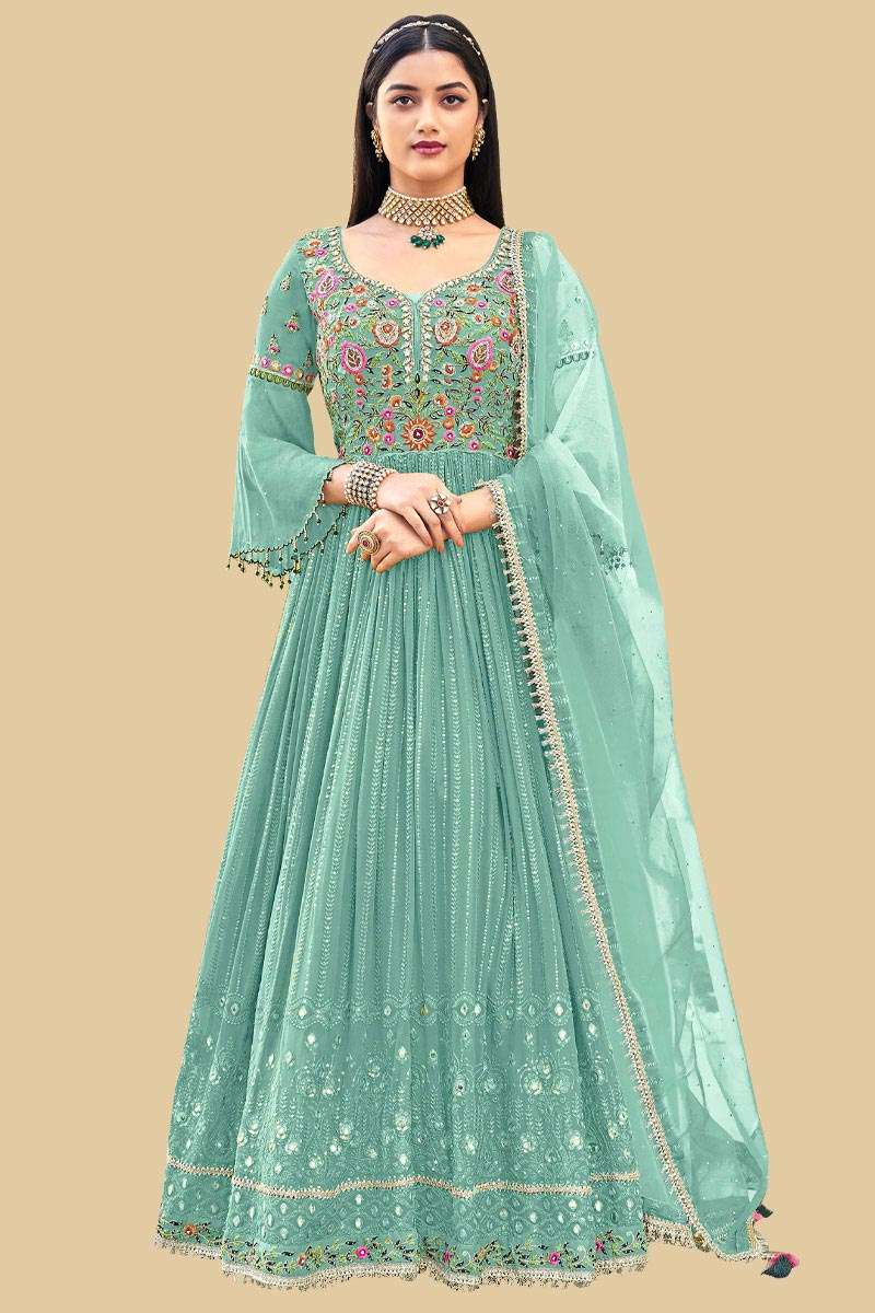 Seafoam Green Heavy Art Silk Beautiful Anarkali Suit