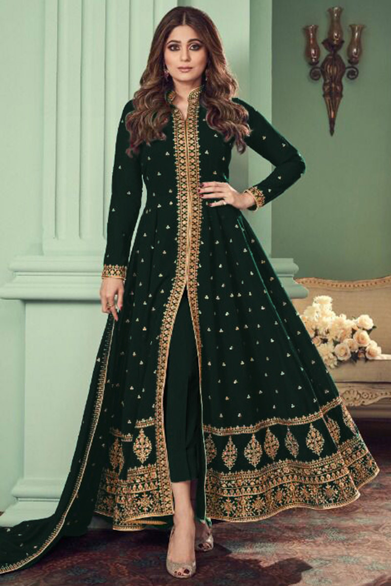 Bottle Green Georgette Anarkali Suit With Palazzo