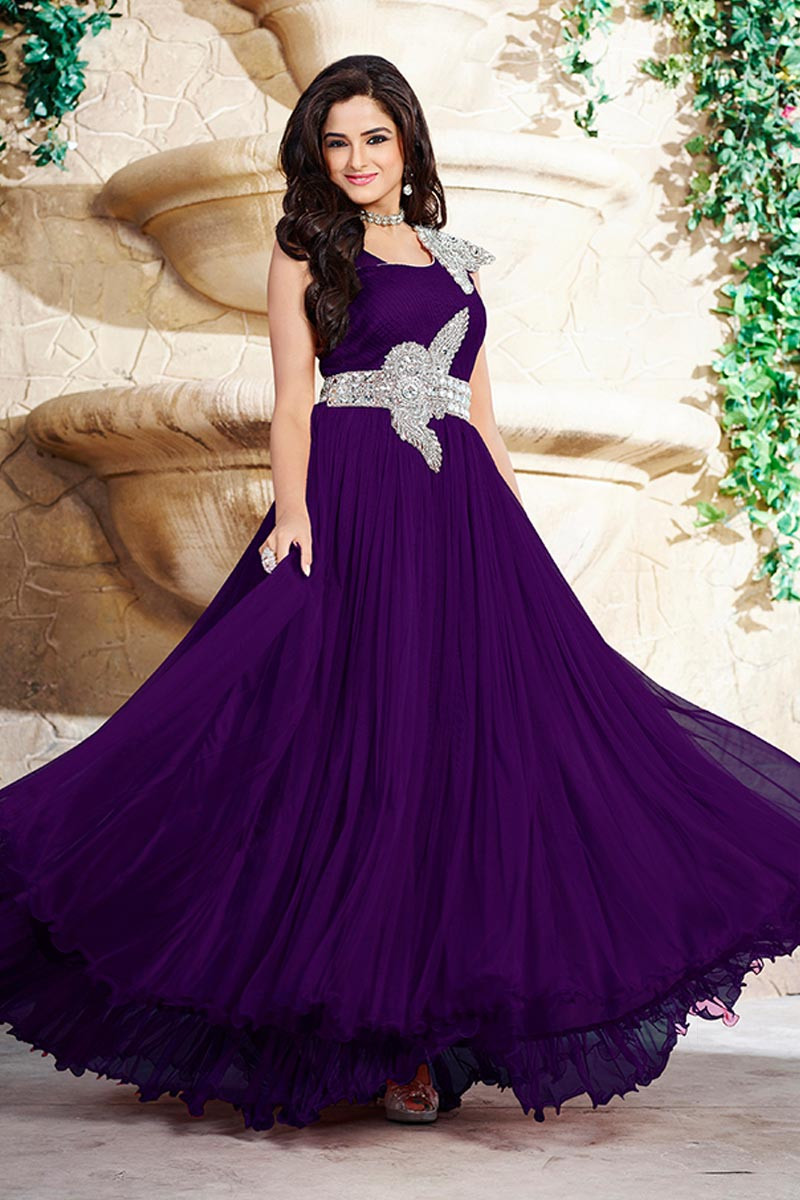 Long Gown Dress In Purple Color With Jacard border - Spegrow Mart