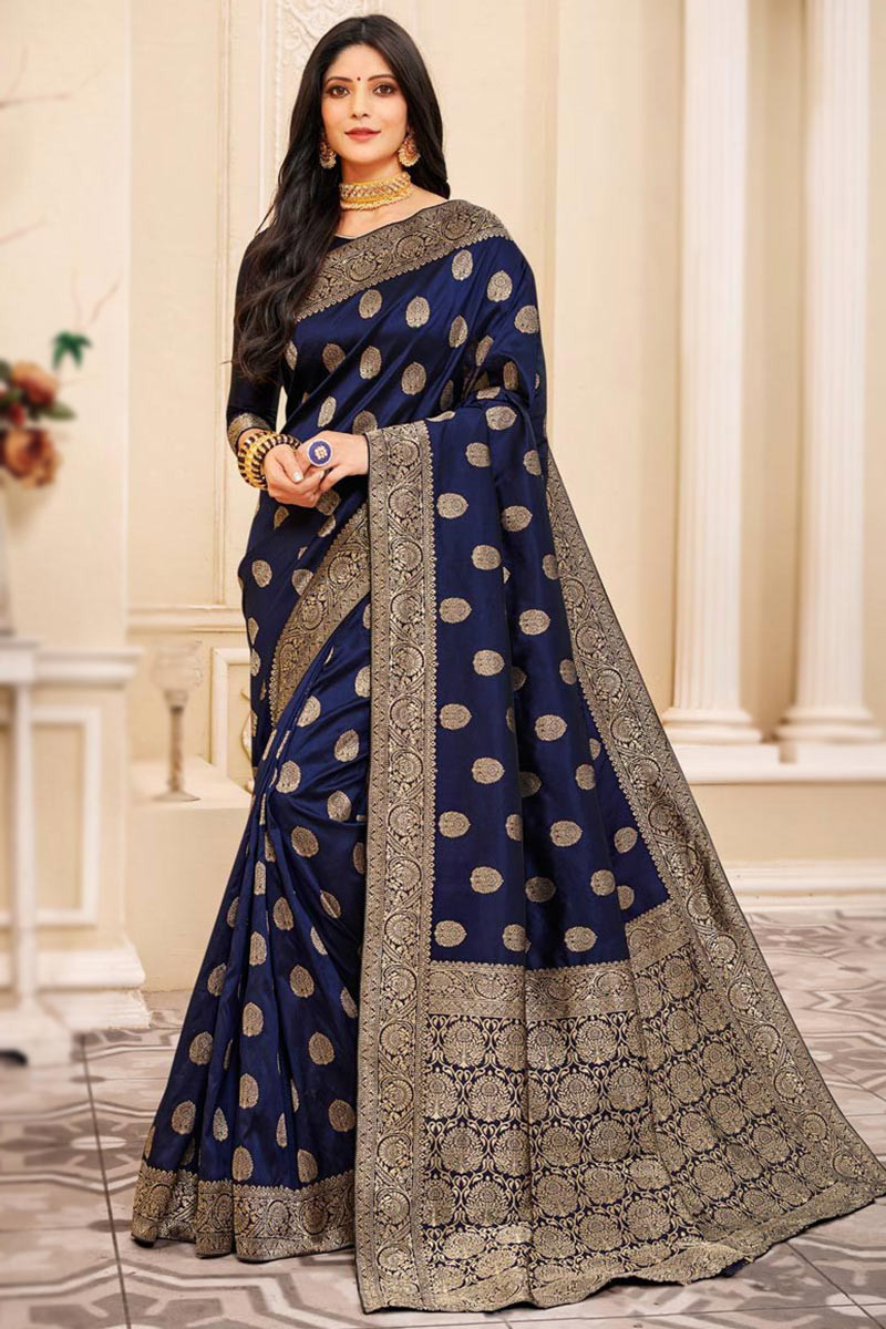 Buy Navy Blue Banarasi Silk Saree With Silk Blouse Online - SARV05976