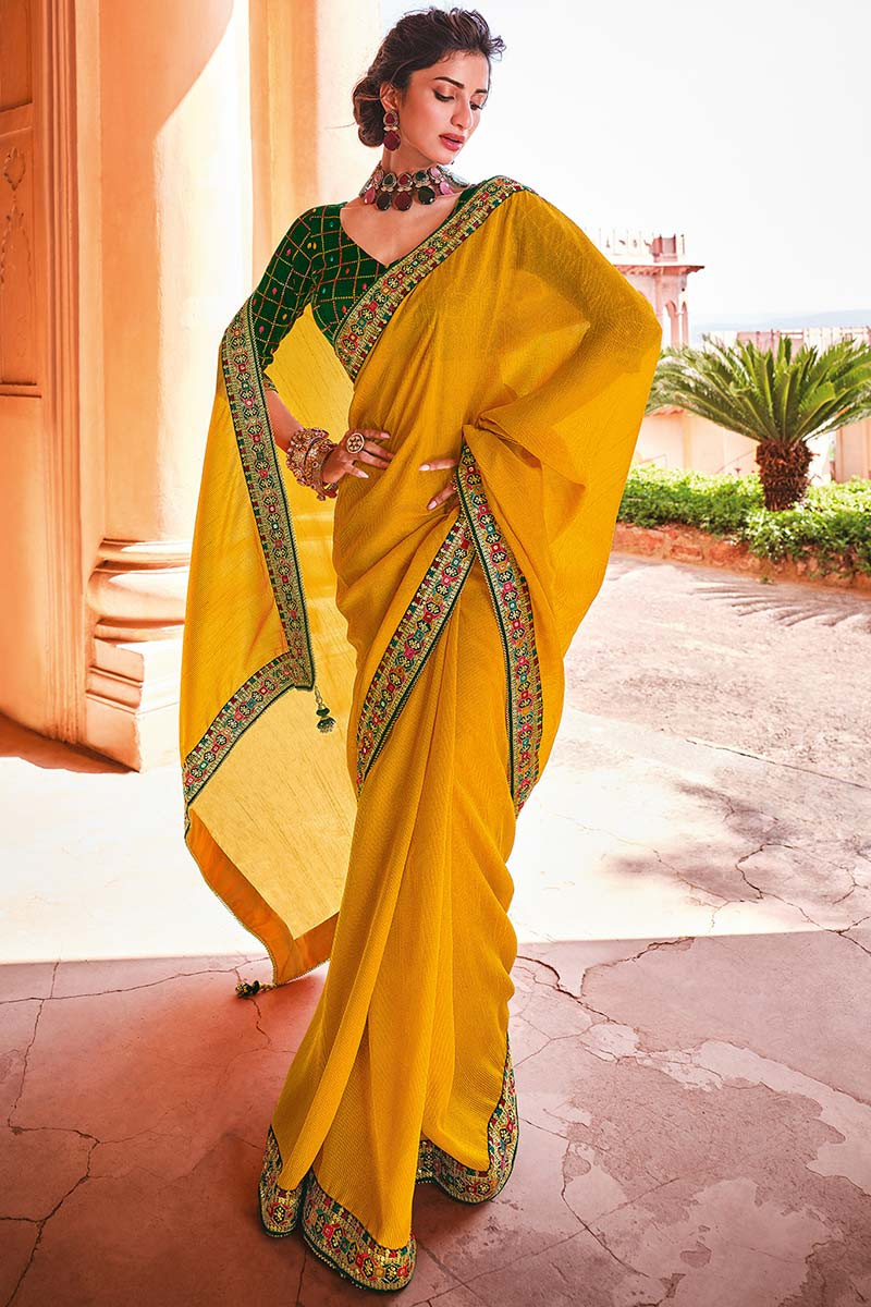 Beautiful yellow Saree paired with green blouse | Designer saree blouse  patterns, Saree blouse designs latest, Indian saree blouses designs