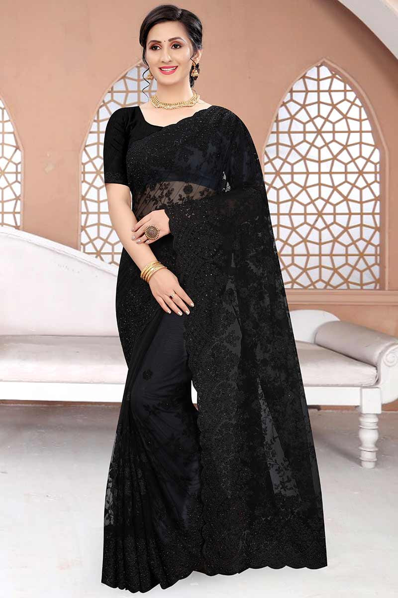 Ready Made Online Black Net Embroidered Saree