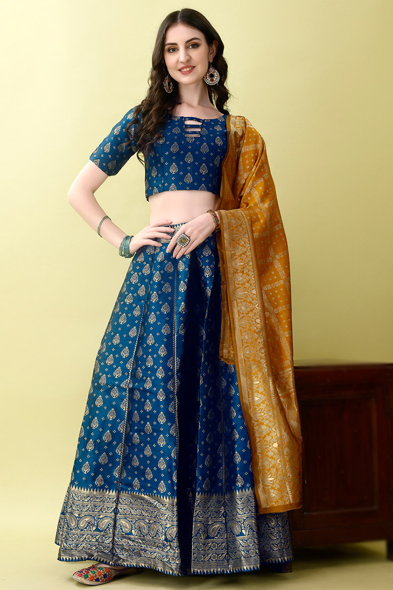 Indigo Blue Art Silk Woven Zari Panelled Style Lehenga