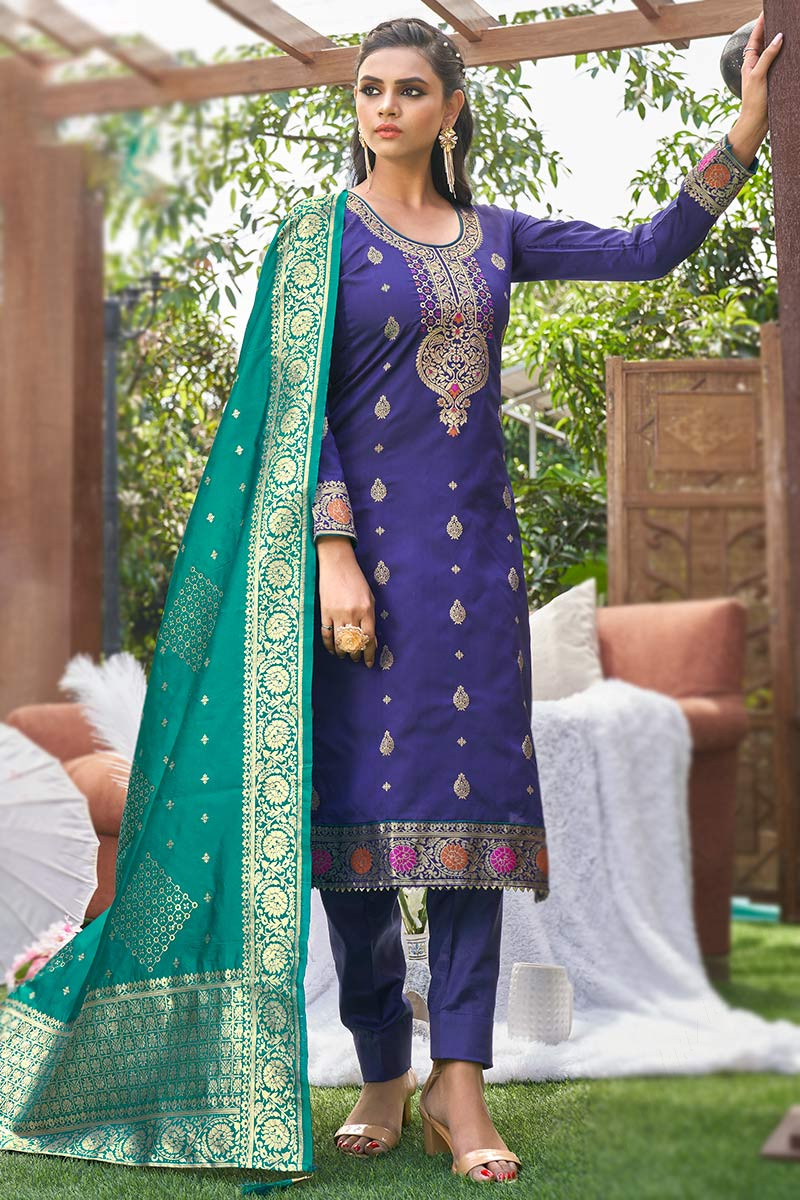 New Arrival Indigo Blue Banarasi Silk Woven Zari Trouser Suit LSTV117742