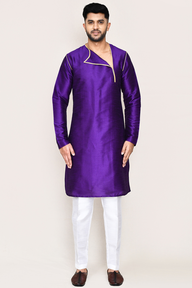 Indigo Blue Dupion Silk Angrakha Style Men's Kurta Pajama