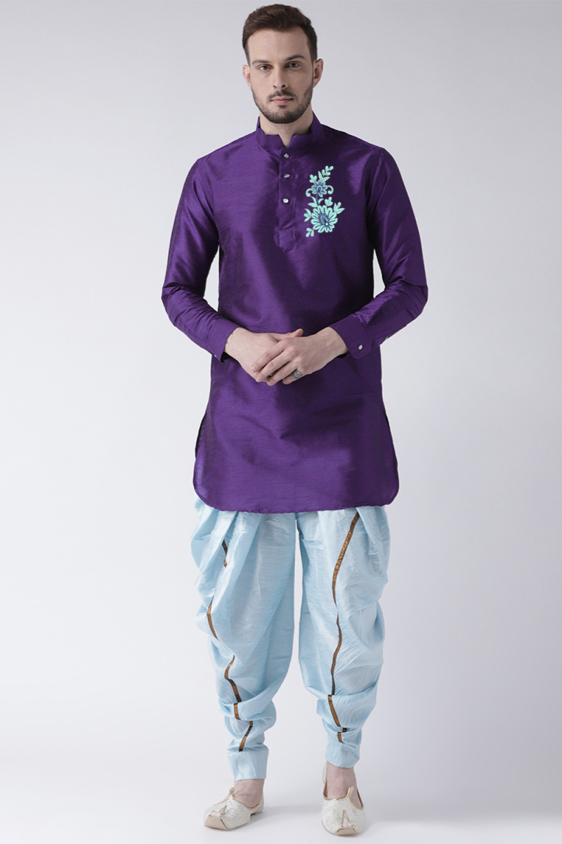 Indigo Blue Dupion Silk Embroidered Straight Cut Men's Kurta Dhoti