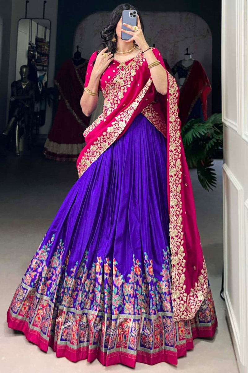 Indigo Blue Silk Blend Embroidered Flared Style Lehenga 