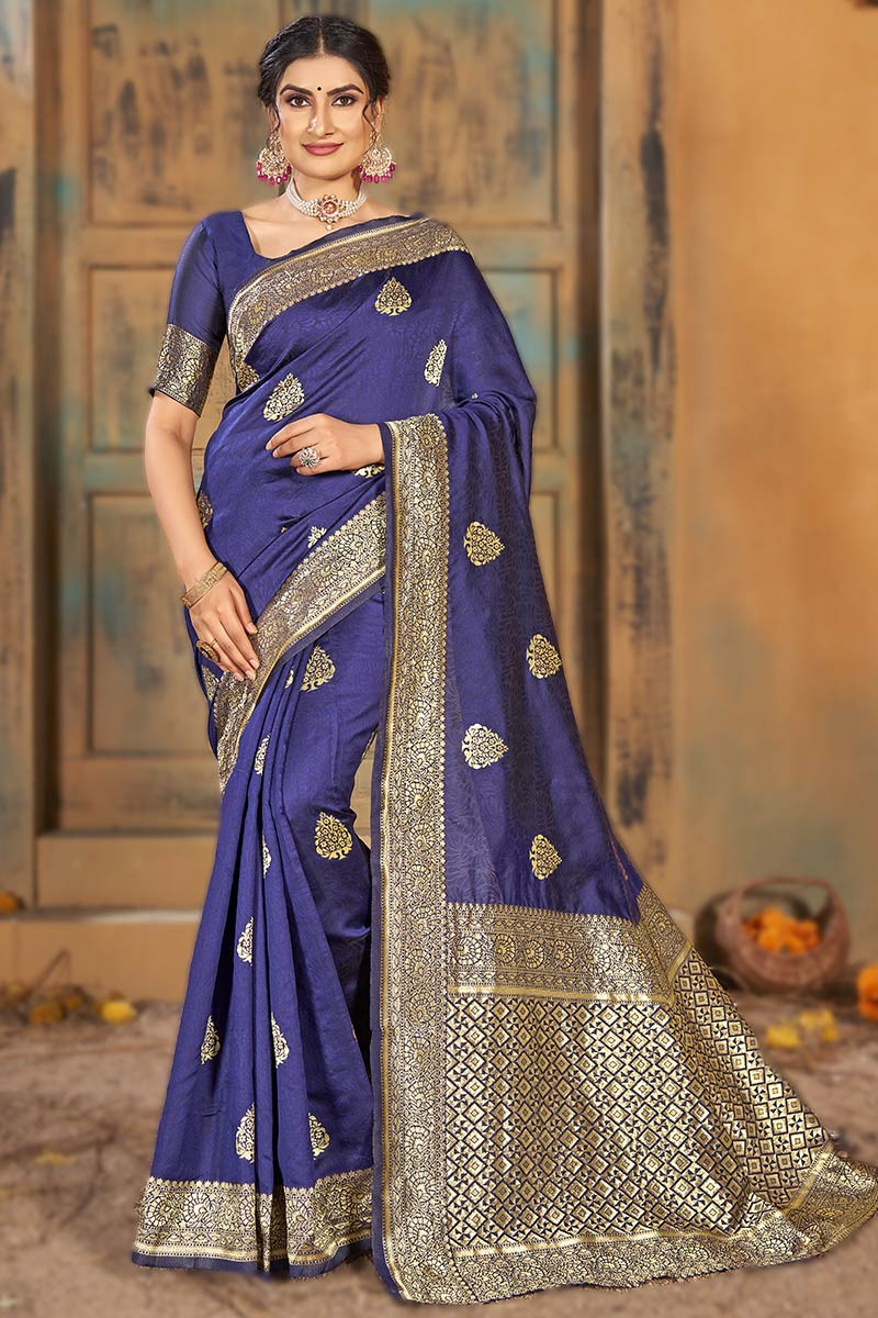 Indigo Blue Printed Patola Silk Saree For Sangeet SARV166390