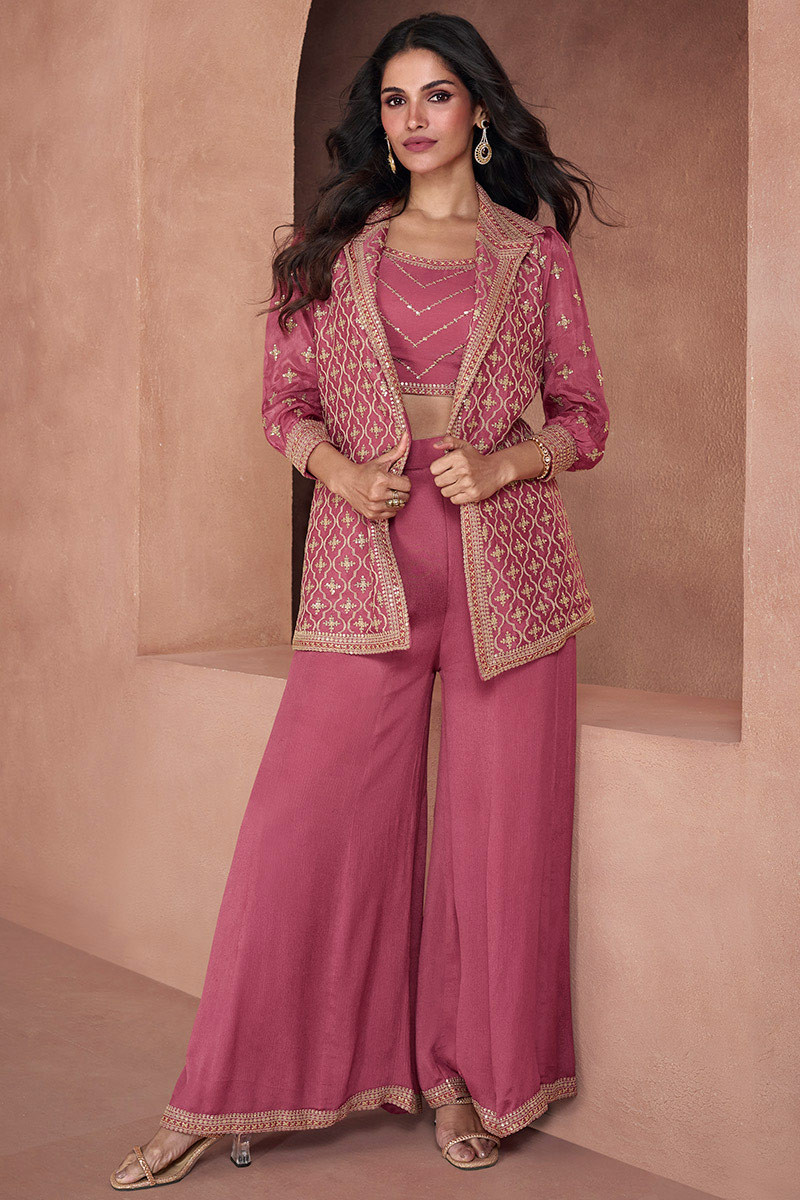 Dusty Pink Georgette Embroidered Festival Party Ready Palazzo Pant Salwar  Kameez