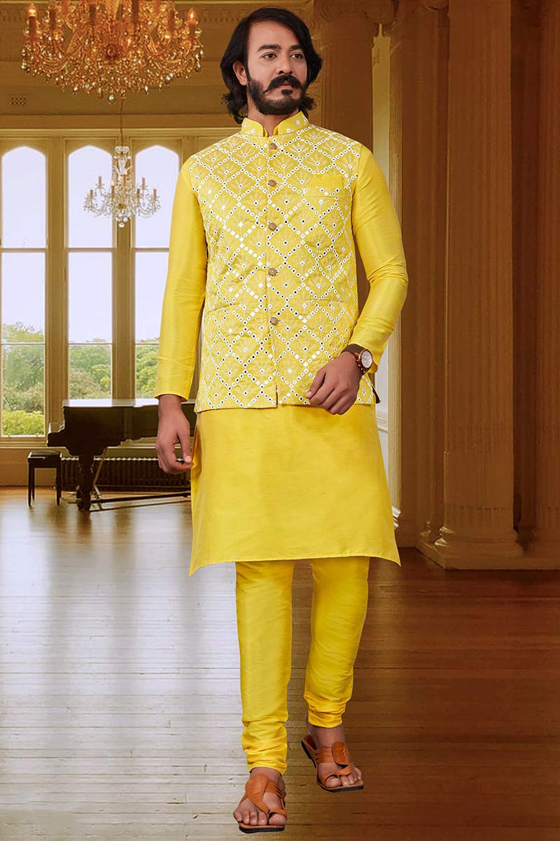 White kurta pajama with yellow jacket best sale