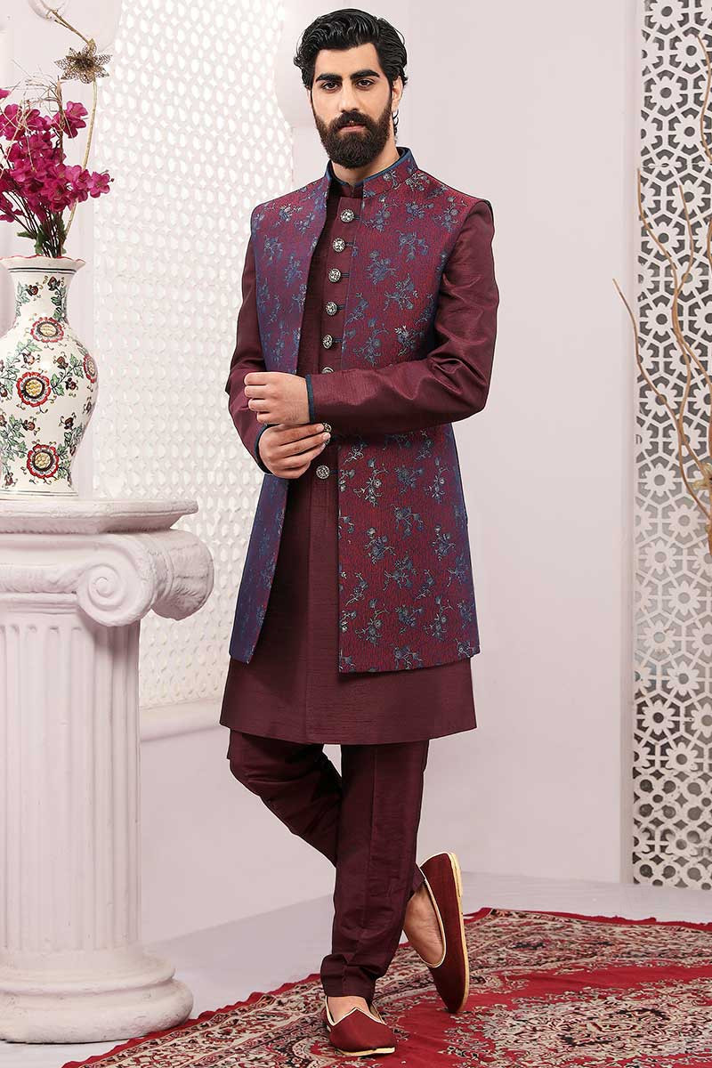 Ethnic Plain Wine Maroon Men s Sherwani MSTV0880