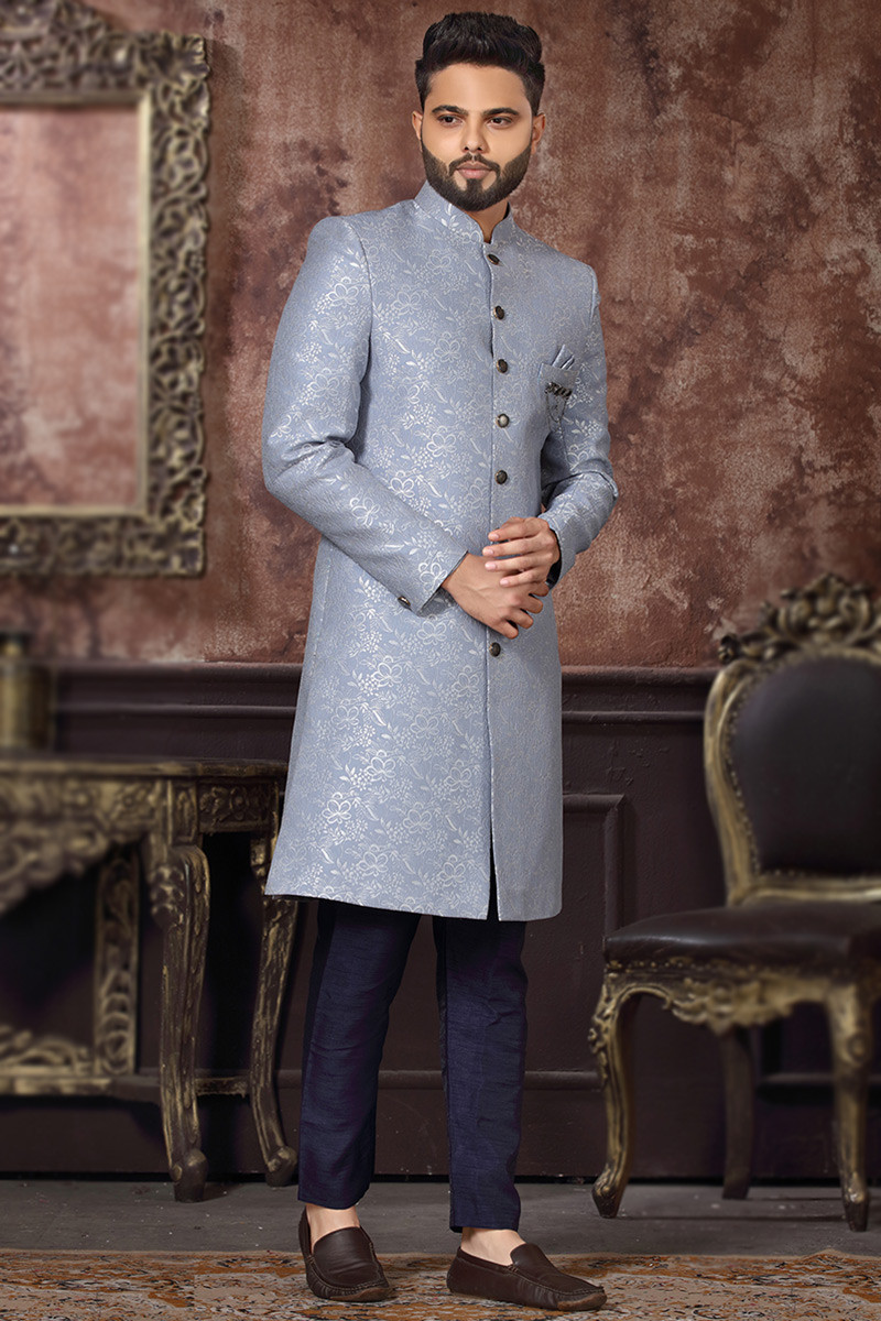 Jacquard Bluish Grey Men s Sherwani