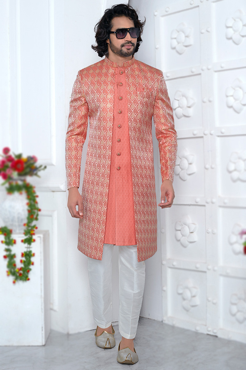 Jacquard Coral Pink Weaved Jacket Style Men s Sherwani MSTV03566
