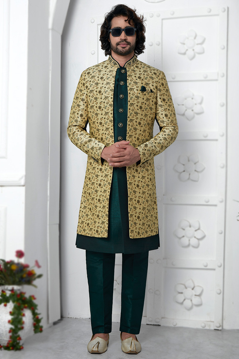 Jacquard Dark Peacock Green Jacket Style Men s Sherwani MSTV03581