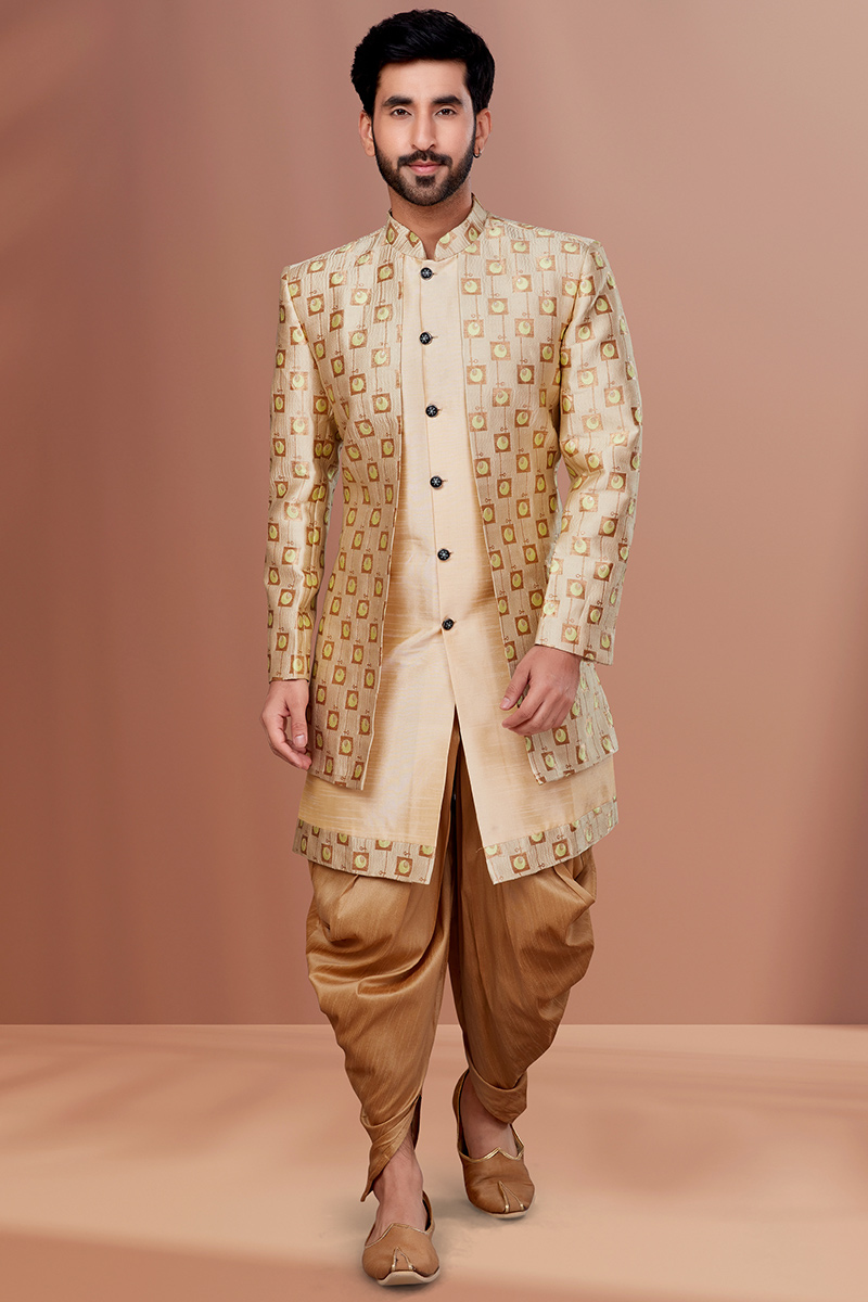 Jacquard Dupion Silk Light Beige Men Sherwani