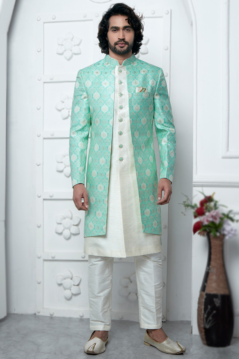 Jacquard Off White Weaved Jacket Style Men's Sherwani