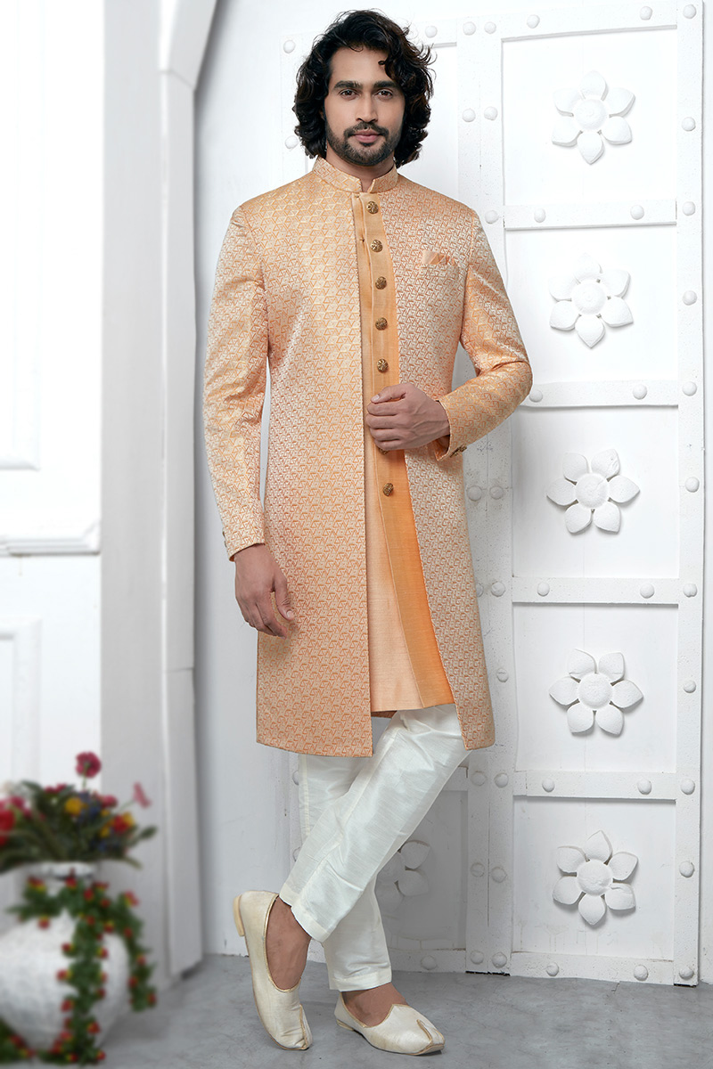 Jacquard Peach Weaved Jacket Style Men's Sherwani