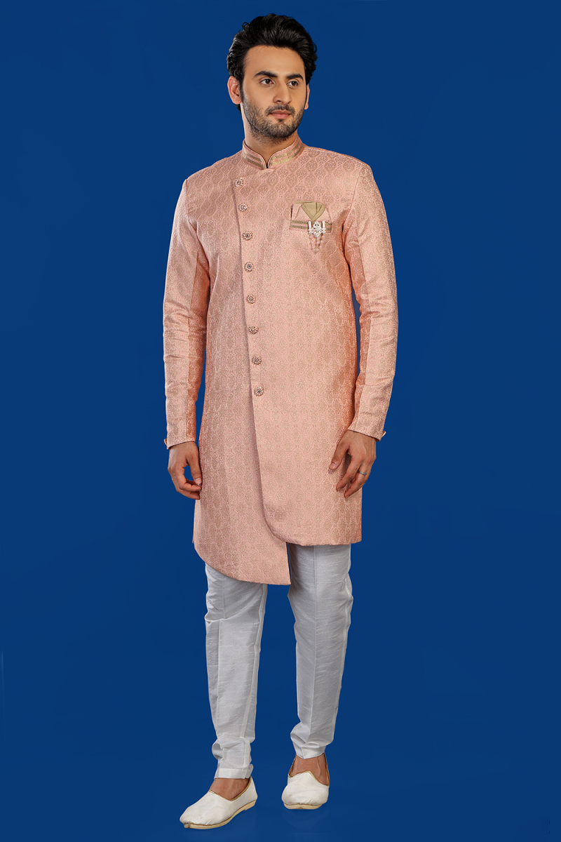 Jacquard Salmon Peach Weaved Thread Assymetrical Men's Sherwani