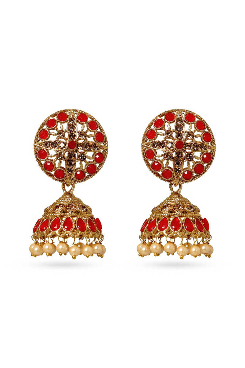 Red Stone Work Gold Plated Jhumka Earrings