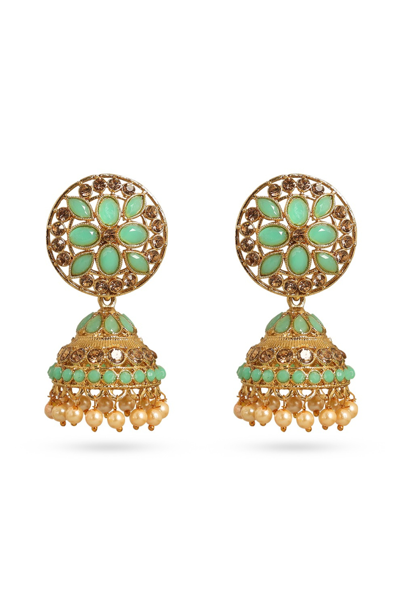 Mint Green Stone Work Gold Plated Earrings