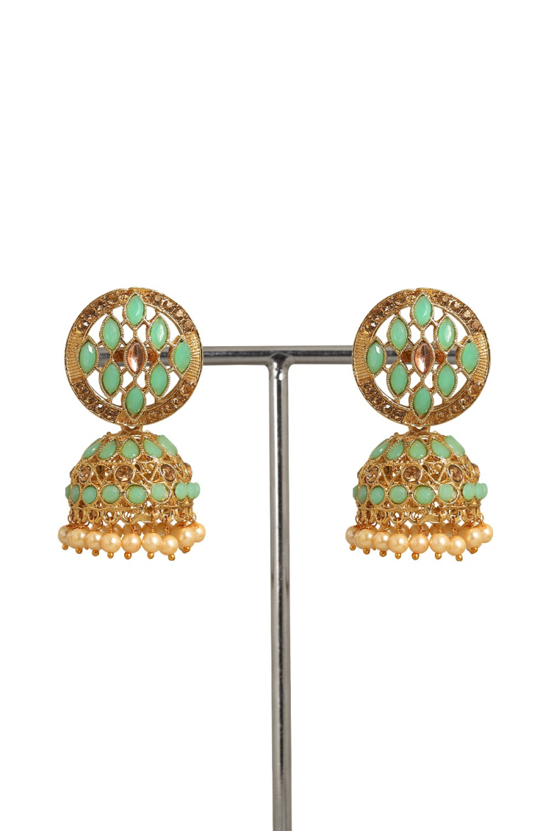 Mint Green Stone Work Gold Plated Earrings