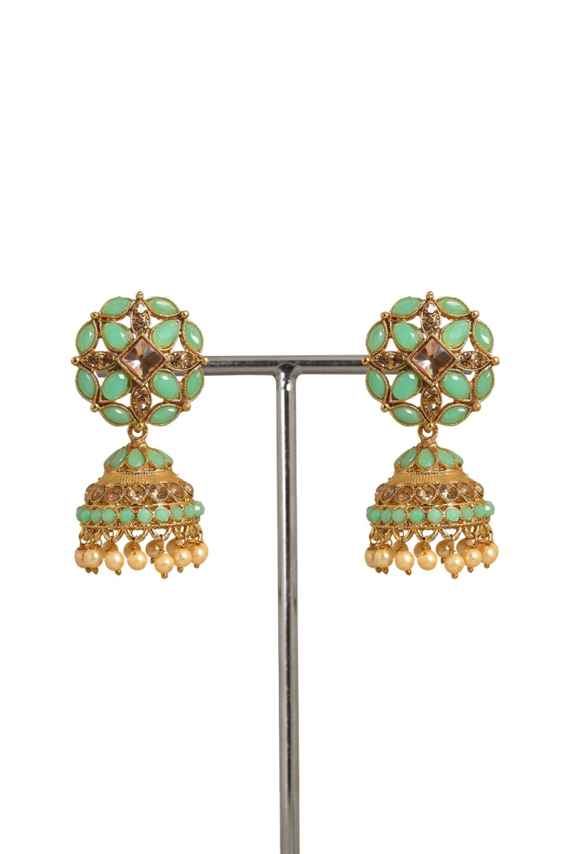 Mint Green Stone Work Gold Plated Earrings