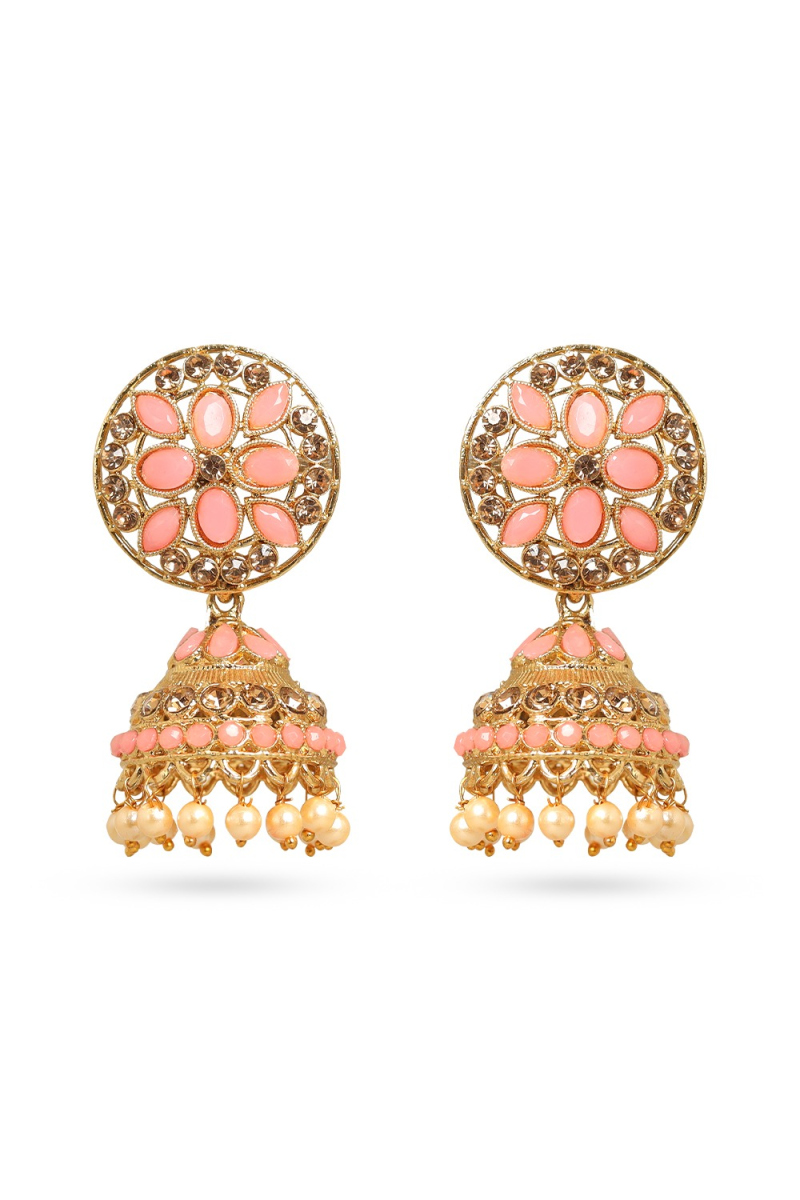 Salmon Pink Stone Work Gold Plated Jhumka