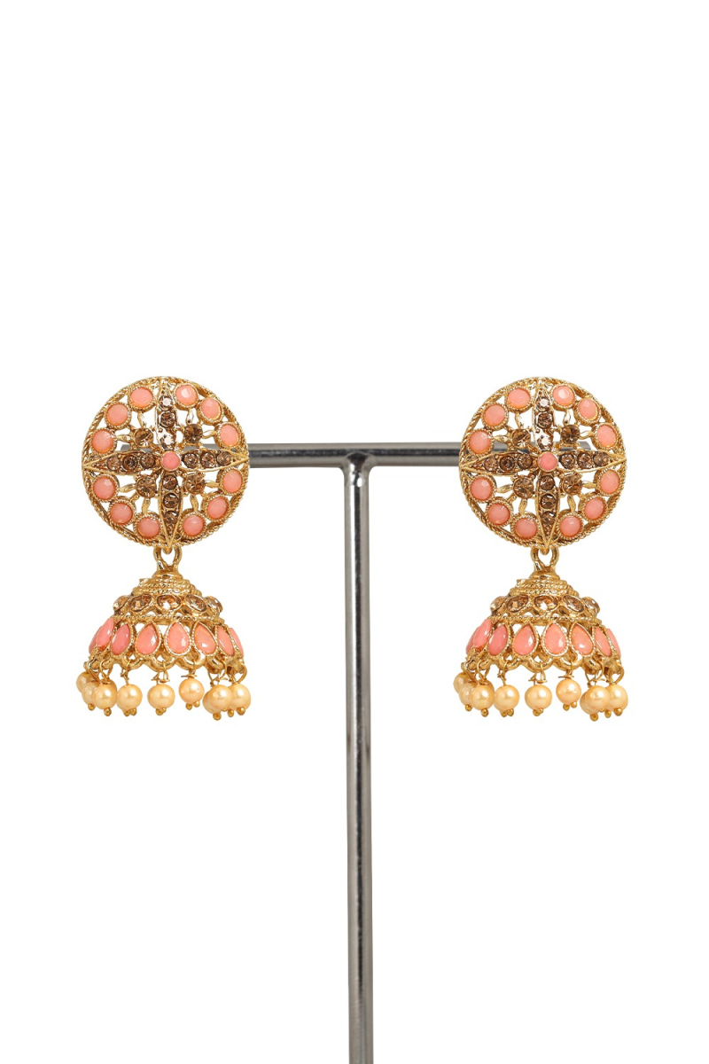 Salmon Pink Stone Studded Gold Plated Jhumka Earrings